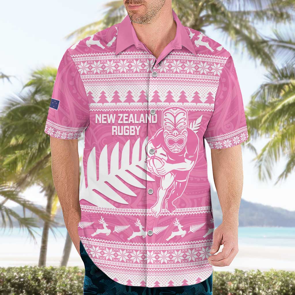 New Zealand Christmas Rugby Personalised Hawaiian Shirt Meri Kirihimete All Black Maori Pink Version LT14 - Polynesian Pride