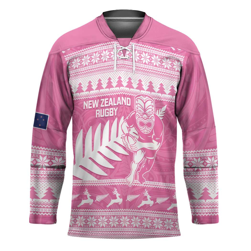 New Zealand Christmas Rugby Personalised Hockey Jersey Meri Kirihimete All Black Maori Pink Version - Polynesian Pride