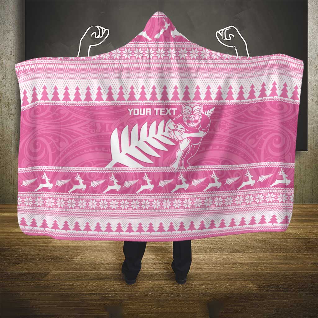 New Zealand Christmas Rugby Personalised Hooded Blanket Meri Kirihimete All Black Maori Pink Version LT14 - Polynesian Pride