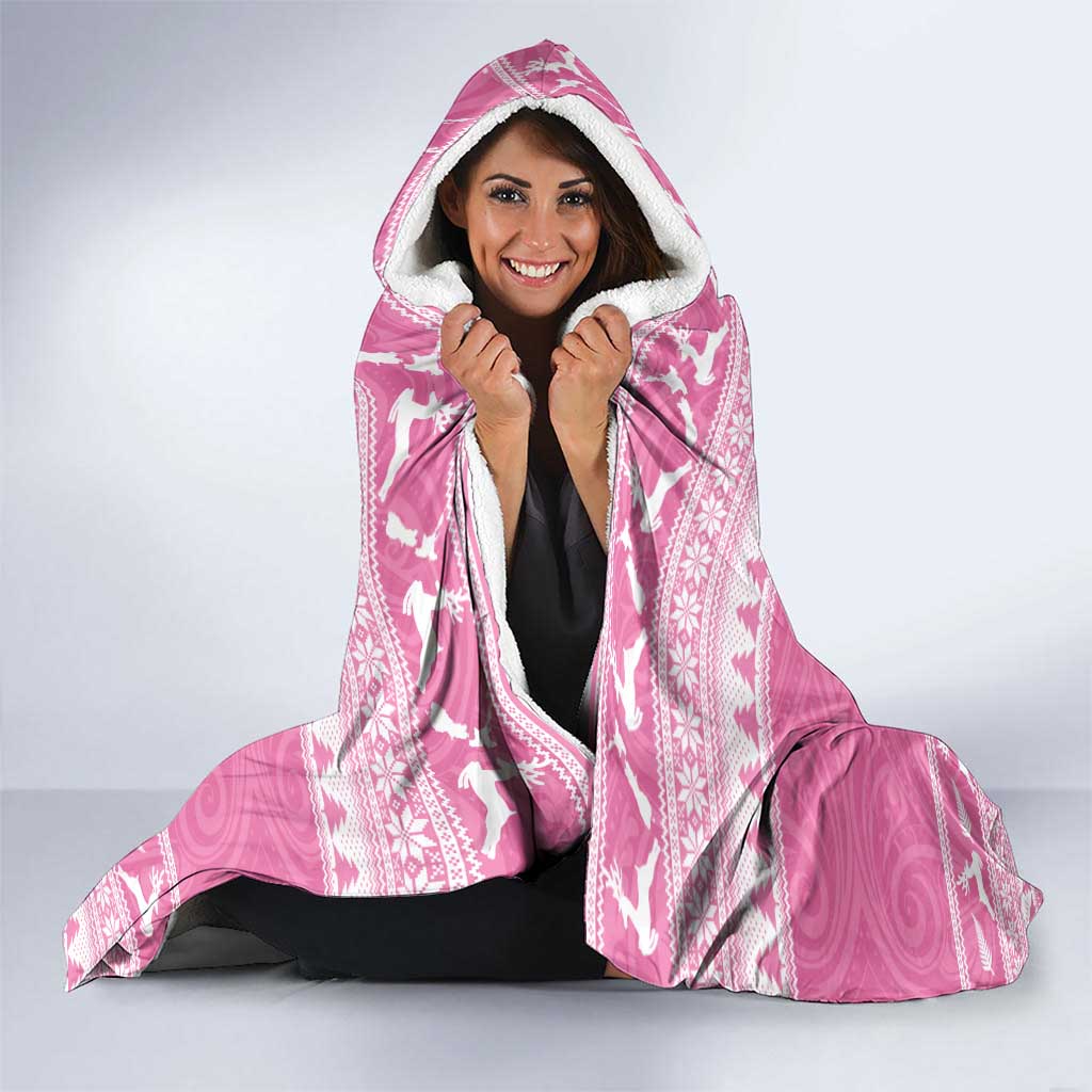 New Zealand Christmas Rugby Personalised Hooded Blanket Meri Kirihimete All Black Maori Pink Version LT14 - Polynesian Pride