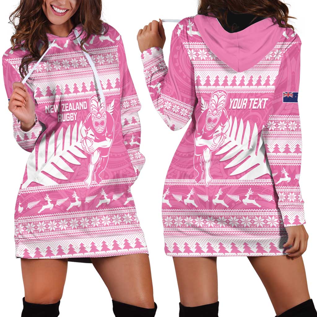 New Zealand Christmas Rugby Personalised Hoodie Dress Meri Kirihimete All Black Maori Pink Version LT14 - Polynesian Pride