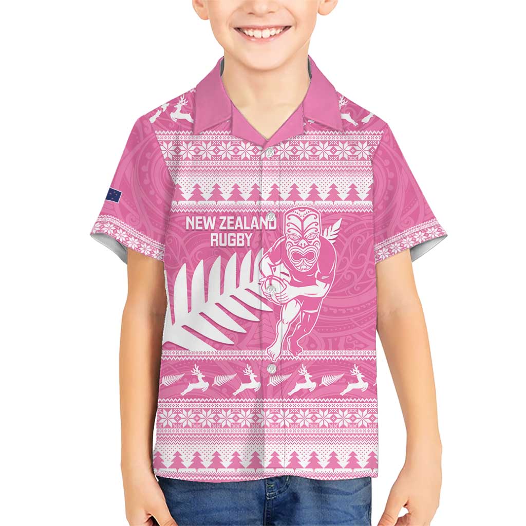 New Zealand Christmas Rugby Personalised Kid Hawaiian Shirt Meri Kirihimete All Black Maori Pink Version LT14 Kid Pink - Polynesian Pride