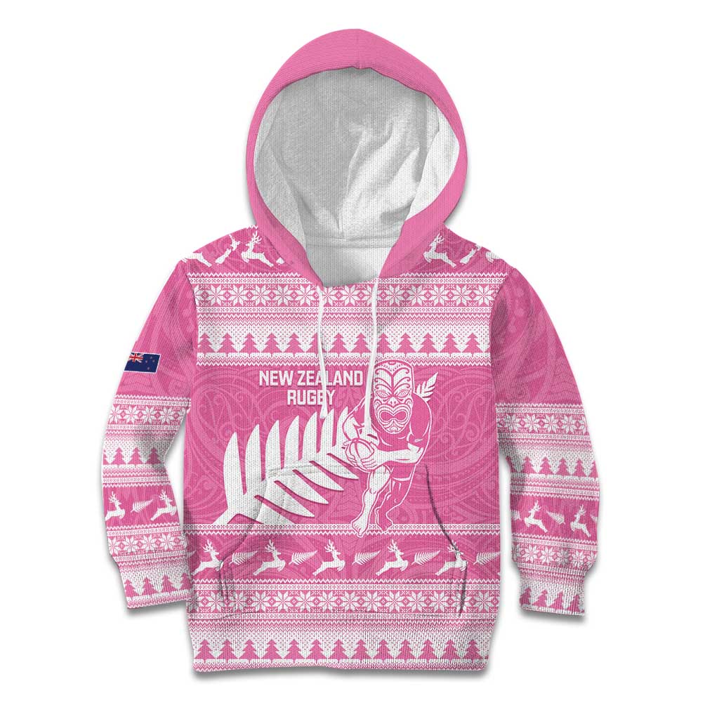 New Zealand Christmas Rugby Personalised Kid Hoodie Meri Kirihimete All Black Maori Pink Version LT14 Hoodie Pink - Polynesian Pride