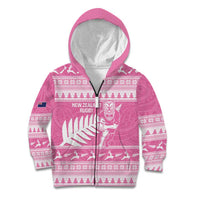 New Zealand Christmas Rugby Personalised Kid Hoodie Meri Kirihimete All Black Maori Pink Version LT14 Zip Hoodie Pink - Polynesian Pride