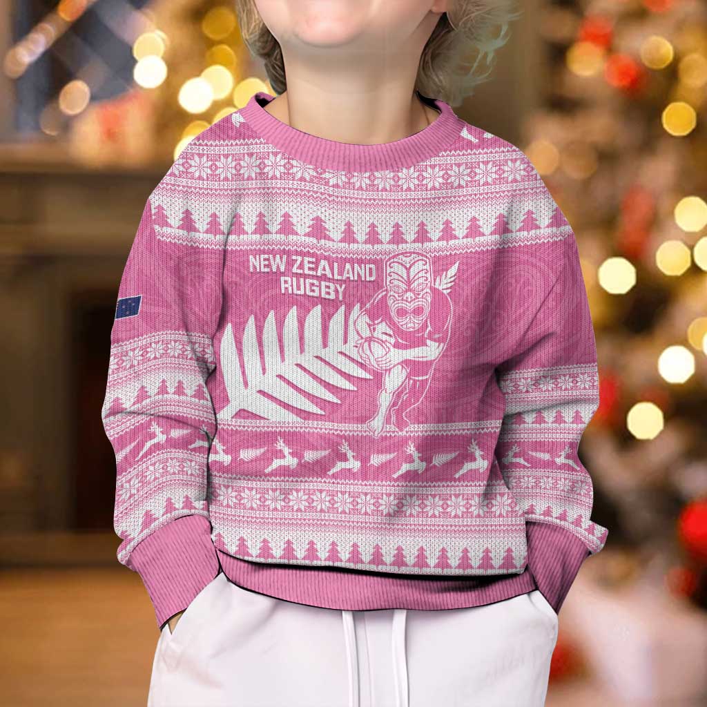 New Zealand Christmas Rugby Personalised Kid Ugly Christmas Sweater Meri Kirihimete All Black Maori Pink Version LT14 - Polynesian Pride