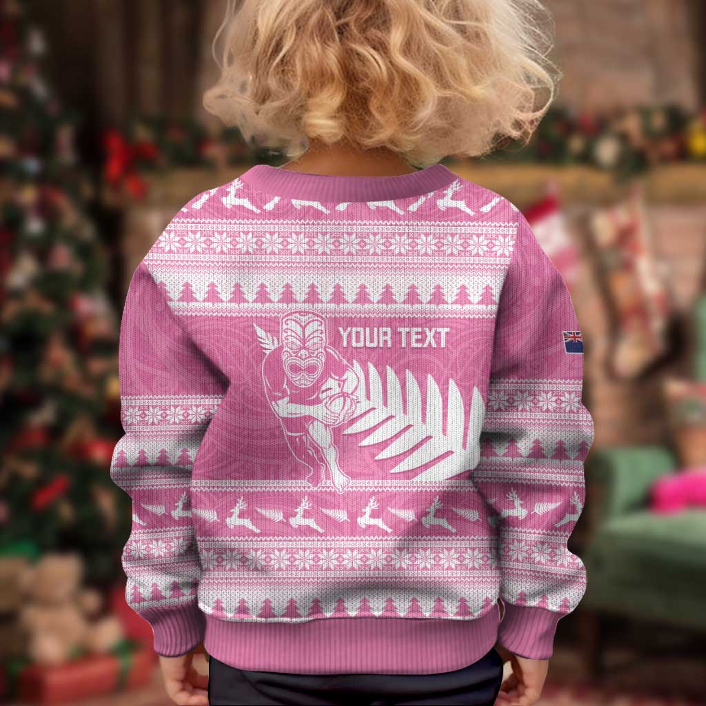 New Zealand Christmas Rugby Personalised Kid Ugly Christmas Sweater Meri Kirihimete All Black Maori Pink Version LT14 - Polynesian Pride