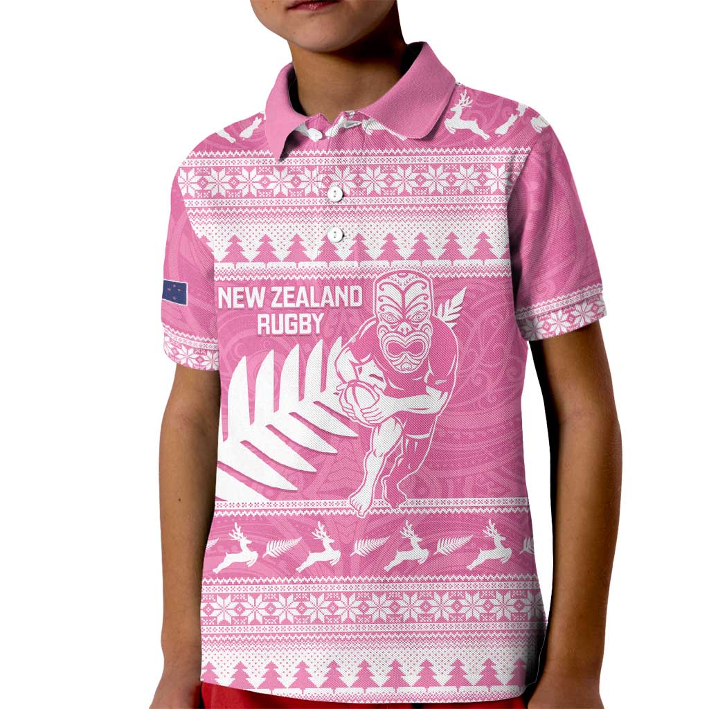New Zealand Christmas Rugby Personalised Kid Polo Shirt Meri Kirihimete All Black Maori Pink Version LT14 Kid Pink - Polynesian Pride