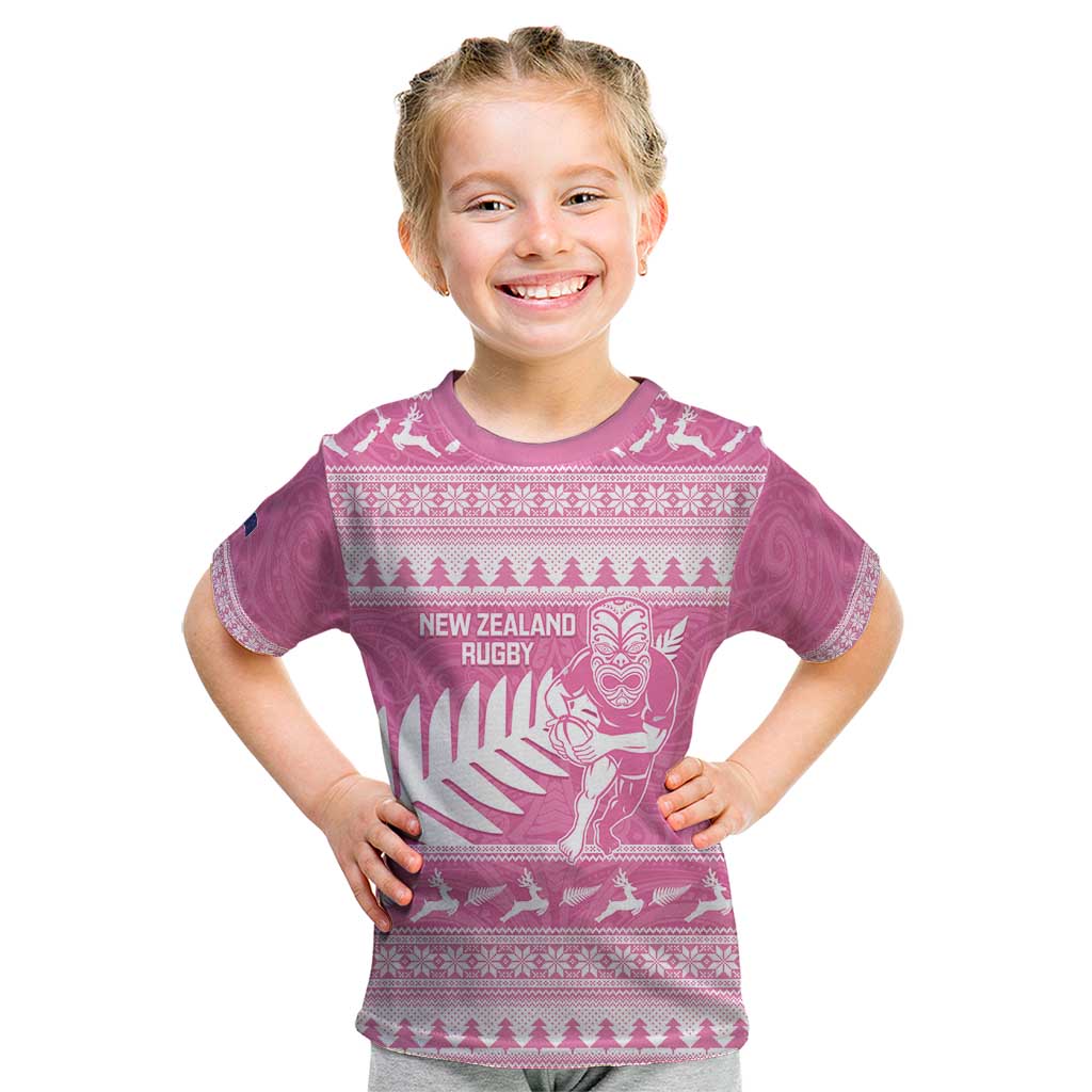 New Zealand Christmas Rugby Personalised Kid T Shirt Meri Kirihimete All Black Maori Pink Version LT14 Pink - Polynesian Pride