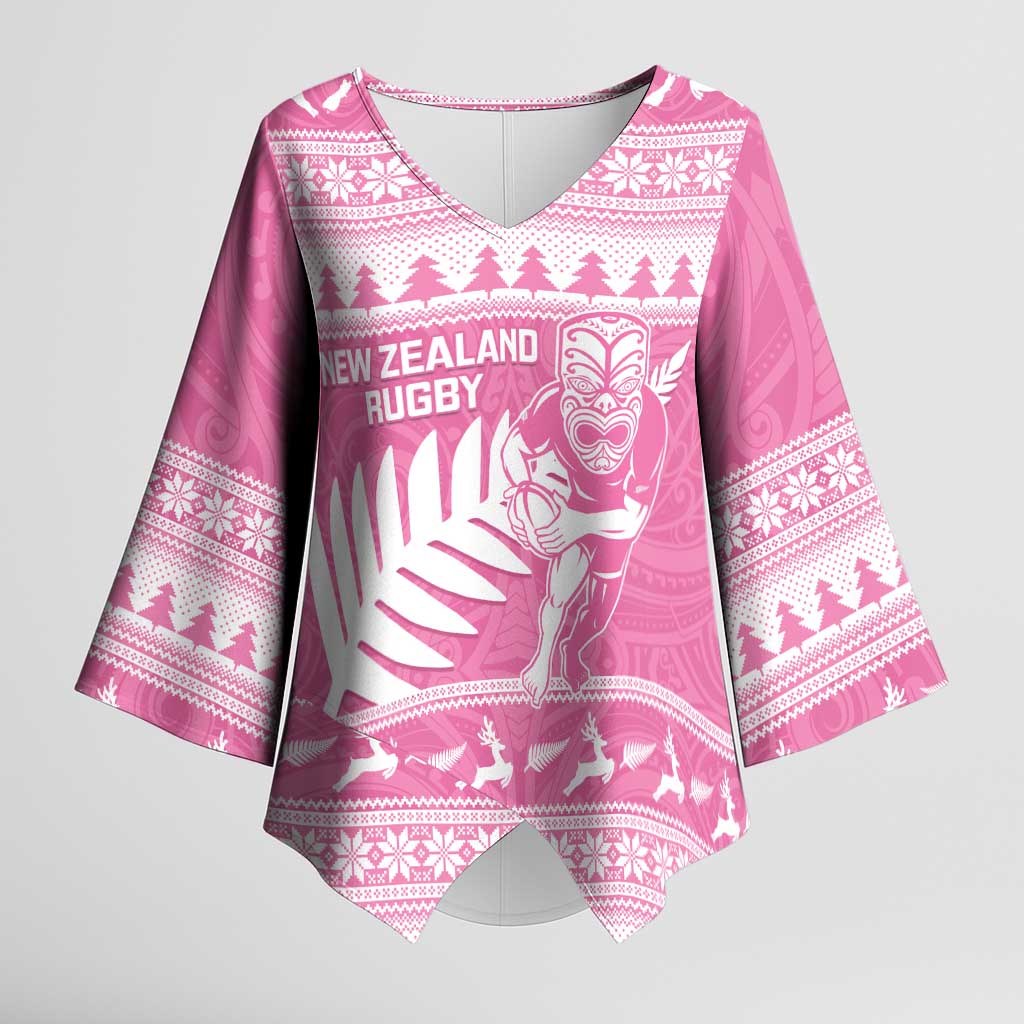 New Zealand Christmas Rugby Personalised Kimono Sleeve Blouse Meri Kirihimete All Black Maori Pink Version LT14 Female Pink - Polynesian Pride