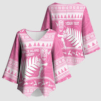 New Zealand Christmas Rugby Personalised Kimono Sleeve Blouse Meri Kirihimete All Black Maori Pink Version LT14 - Polynesian Pride
