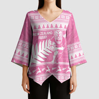 New Zealand Christmas Rugby Personalised Kimono Sleeve Blouse Meri Kirihimete All Black Maori Pink Version LT14 - Polynesian Pride