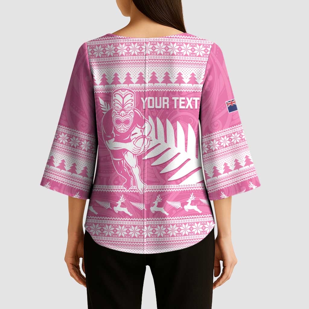 New Zealand Christmas Rugby Personalised Kimono Sleeve Blouse Meri Kirihimete All Black Maori Pink Version LT14 - Polynesian Pride