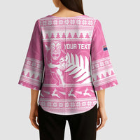 New Zealand Christmas Rugby Personalised Kimono Sleeve Blouse Meri Kirihimete All Black Maori Pink Version LT14 - Polynesian Pride