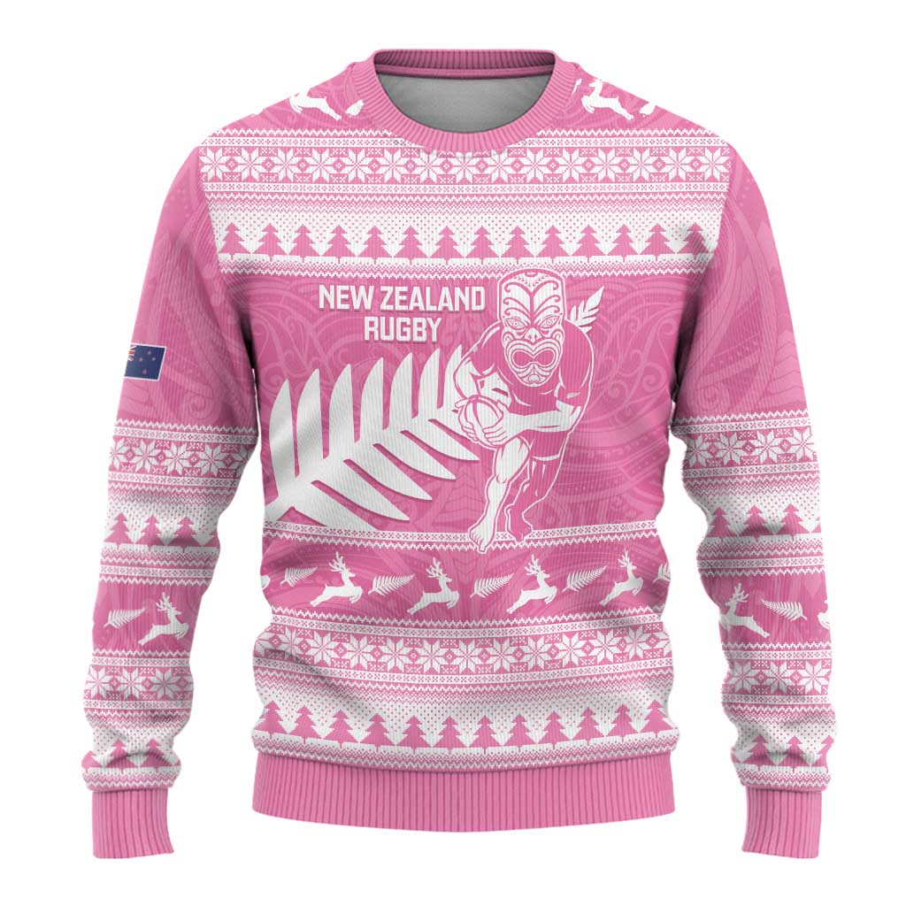 New Zealand Christmas Rugby Personalised Ugly Christmas Sweater Meri Kirihimete All Black Maori Pink Version LT14 - Polynesian Pride