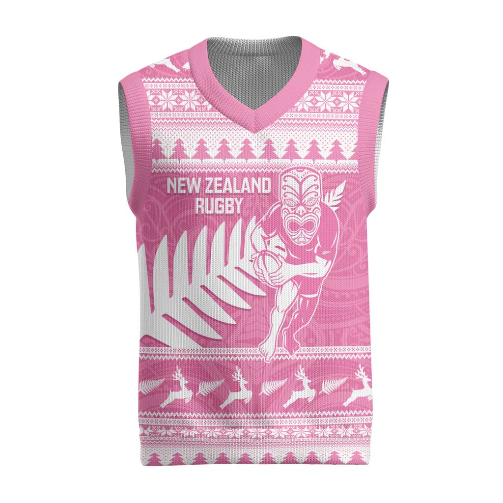 New Zealand Christmas Rugby Personalised Christmas Knitted V-Neck Vest Meri Kirihimete All Black Maori Pink Version LT14 Pink - Polynesian Pride