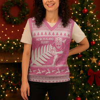 New Zealand Christmas Rugby Personalised Christmas Knitted V-Neck Vest Meri Kirihimete All Black Maori Pink Version LT14 - Polynesian Pride