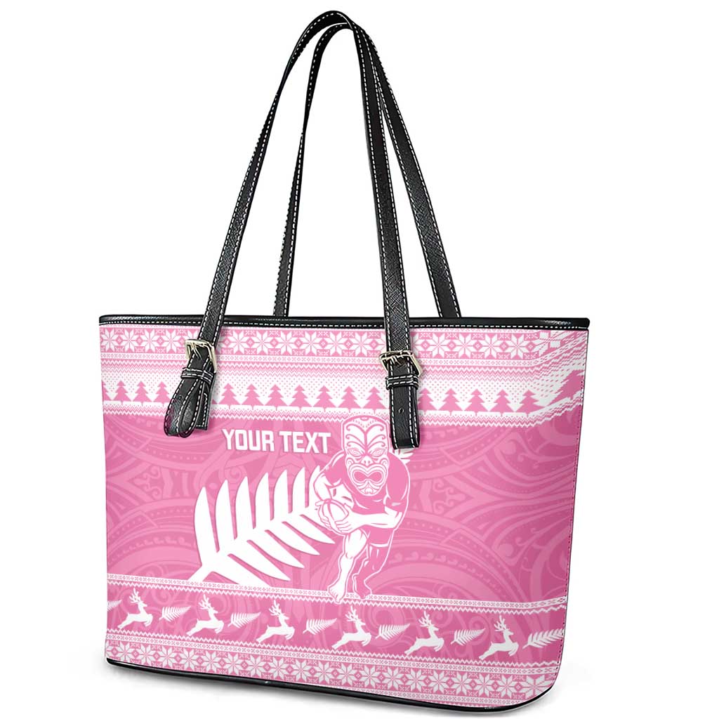 New Zealand Christmas Rugby Personalised Leather Tote Bag Meri Kirihimete All Black Maori Pink Version LT14 - Polynesian Pride