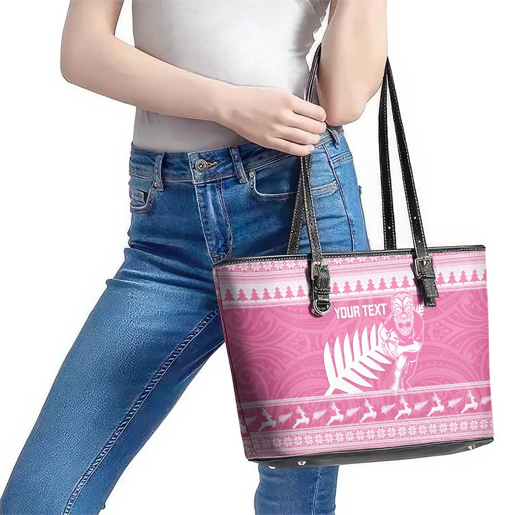 New Zealand Christmas Rugby Personalised Leather Tote Bag Meri Kirihimete All Black Maori Pink Version LT14 - Polynesian Pride