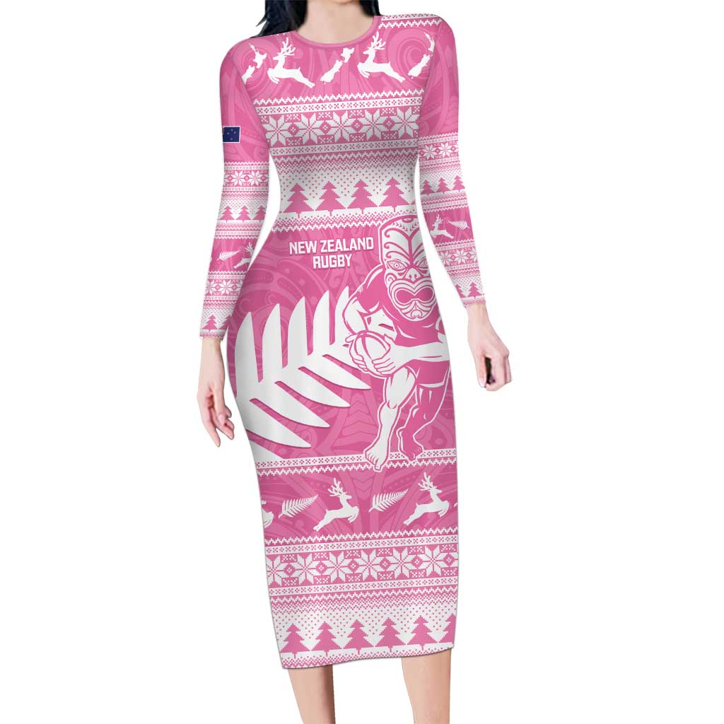 New Zealand Christmas Rugby Personalised Long Sleeve Bodycon Dress Meri Kirihimete All Black Maori Pink Version LT14 Long Dress Pink - Polynesian Pride