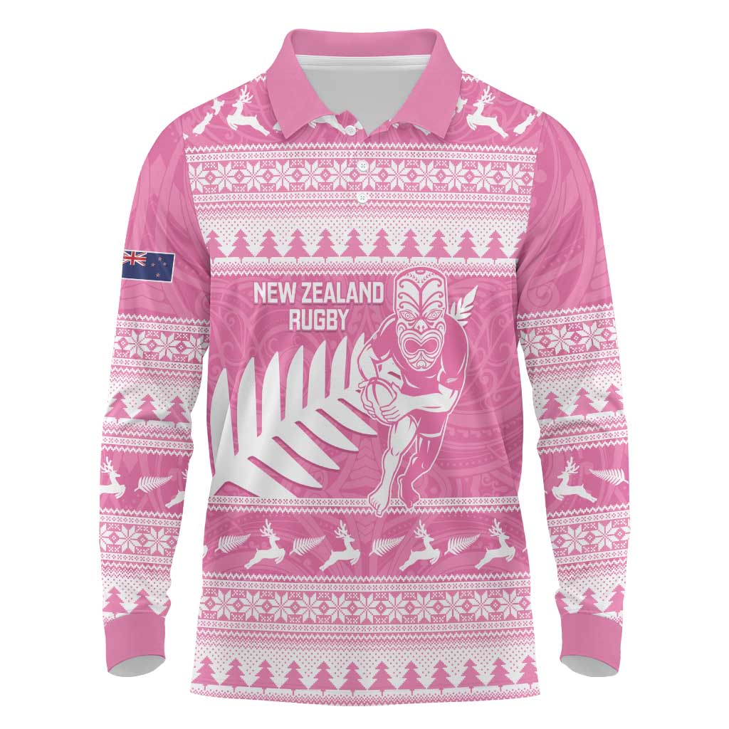New Zealand Christmas Rugby Personalised Long Sleeve Polo Shirt Meri Kirihimete All Black Maori Pink Version LT14 Pink - Polynesian Pride