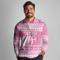 New Zealand Christmas Rugby Personalised Long Sleeve Polo Shirt Meri Kirihimete All Black Maori Pink Version LT14 - Polynesian Pride