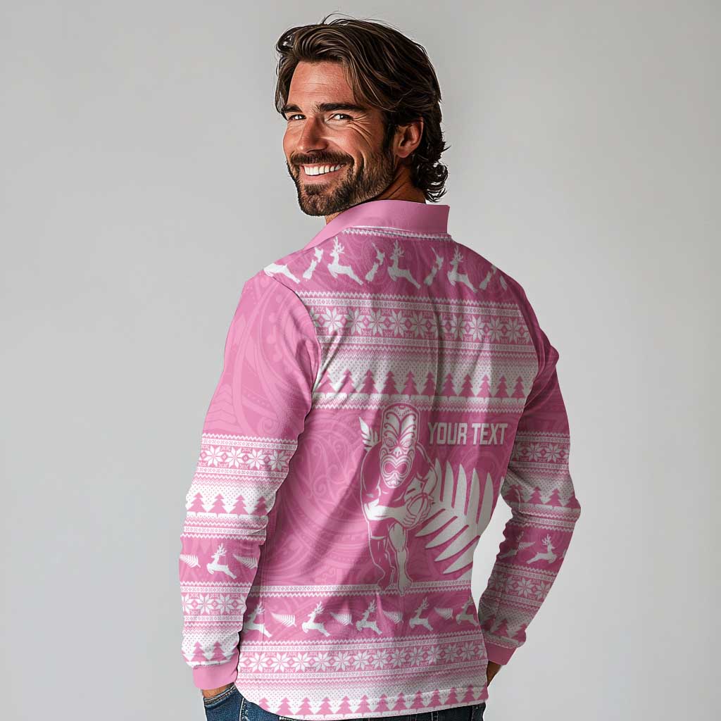 New Zealand Christmas Rugby Personalised Long Sleeve Polo Shirt Meri Kirihimete All Black Maori Pink Version LT14 - Polynesian Pride