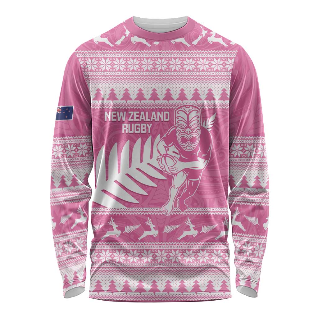 New Zealand Christmas Rugby Personalised Long Sleeve Shirt Meri Kirihimete All Black Maori Pink Version LT14 Unisex Pink - Polynesian Pride