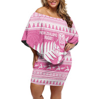 New Zealand Christmas Rugby Personalised Off Shoulder Short Dress Meri Kirihimete All Black Maori Pink Version LT14 Women Pink - Polynesian Pride
