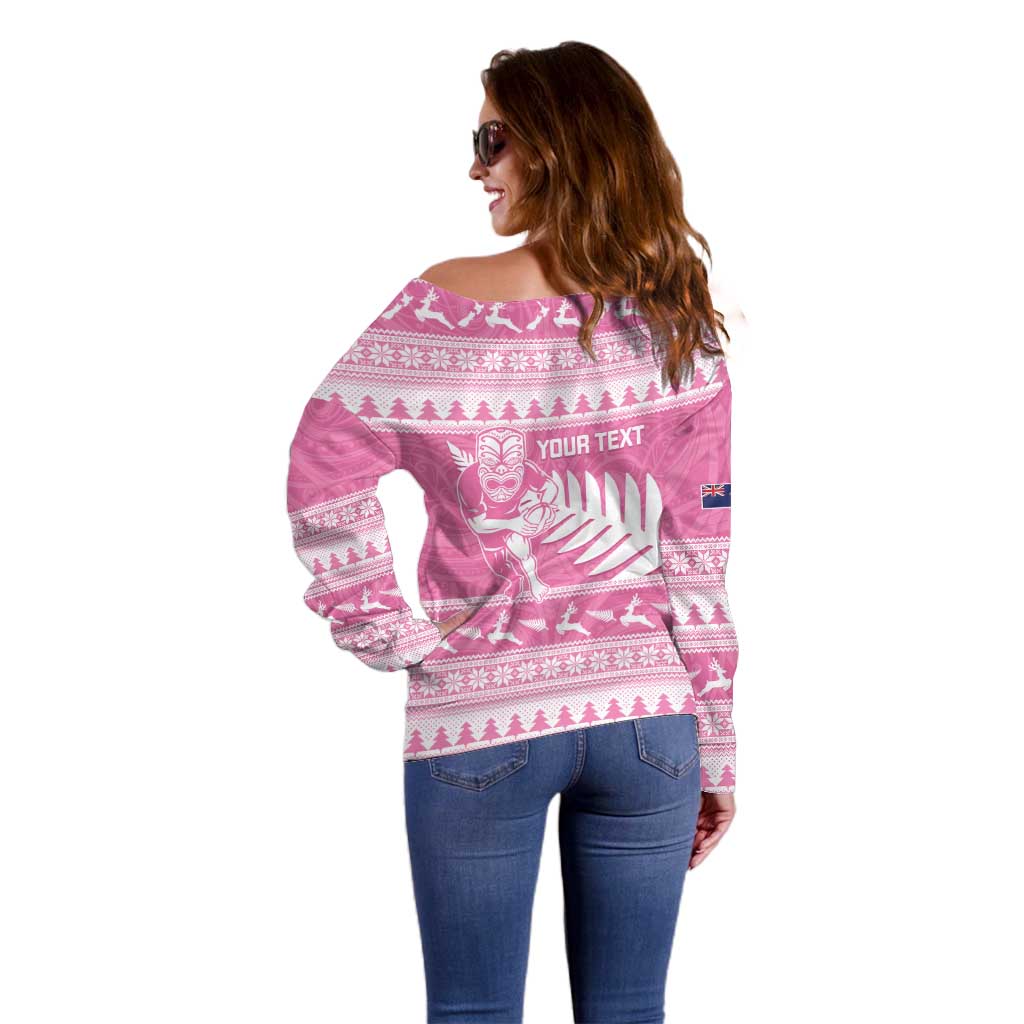 New Zealand Christmas Rugby Personalised Off Shoulder Sweater Meri Kirihimete All Black Maori Pink Version - Polynesian Pride