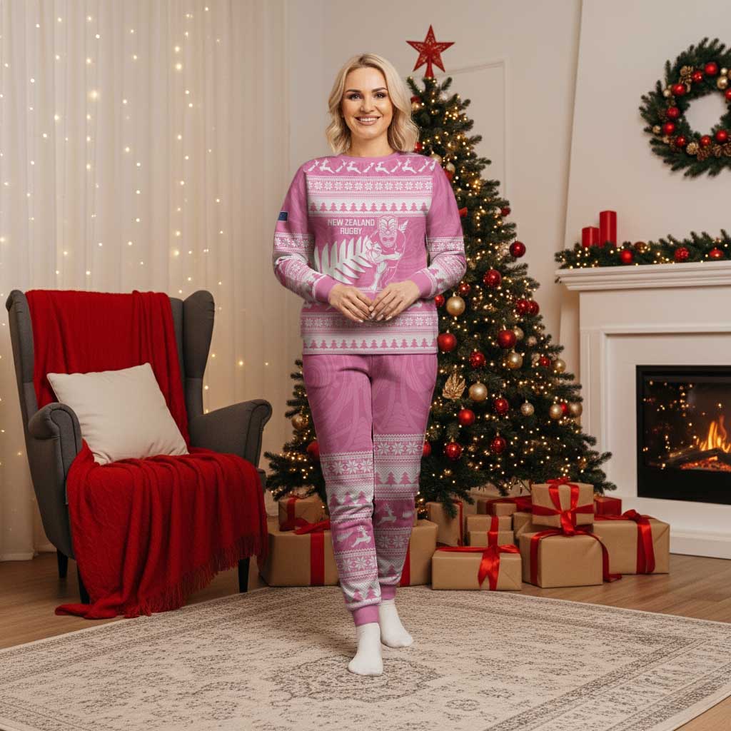New Zealand Christmas Rugby Personalised Christmas Pajama Set Meri Kirihimete All Black Maori Pink Version LT14 Women Pink - Polynesian Pride