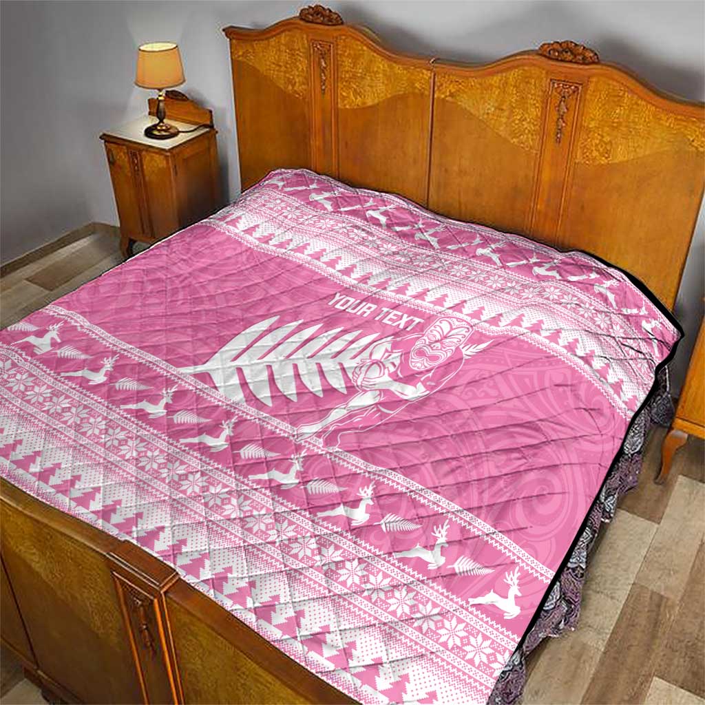 New Zealand Christmas Rugby Personalised Quilt Meri Kirihimete All Black Maori Pink Version - Polynesian Pride