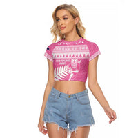 New Zealand Christmas Rugby Personalised Raglan Cropped T Shirt Meri Kirihimete All Black Maori Pink Version LT14 Female Pink - Polynesian Pride
