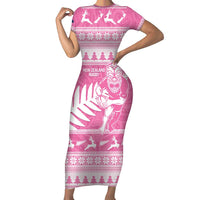 New Zealand Christmas Rugby Personalised Short Sleeve Bodycon Dress Meri Kirihimete All Black Maori Pink Version LT14 Long Dress Pink - Polynesian Pride
