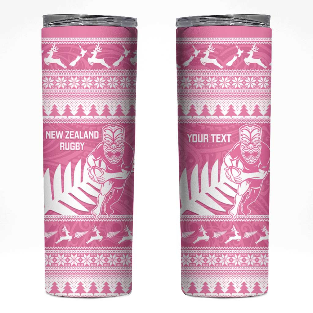 New Zealand Christmas Rugby Personalised Skinny Tumbler Meri Kirihimete All Black Maori Pink Version LT14 Pink - Polynesian Pride