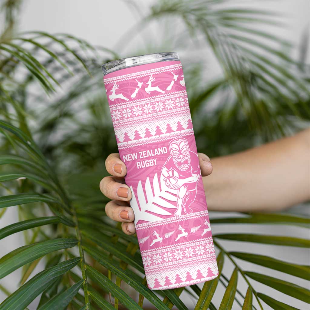 New Zealand Christmas Rugby Personalised Skinny Tumbler Meri Kirihimete All Black Maori Pink Version LT14 - Polynesian Pride