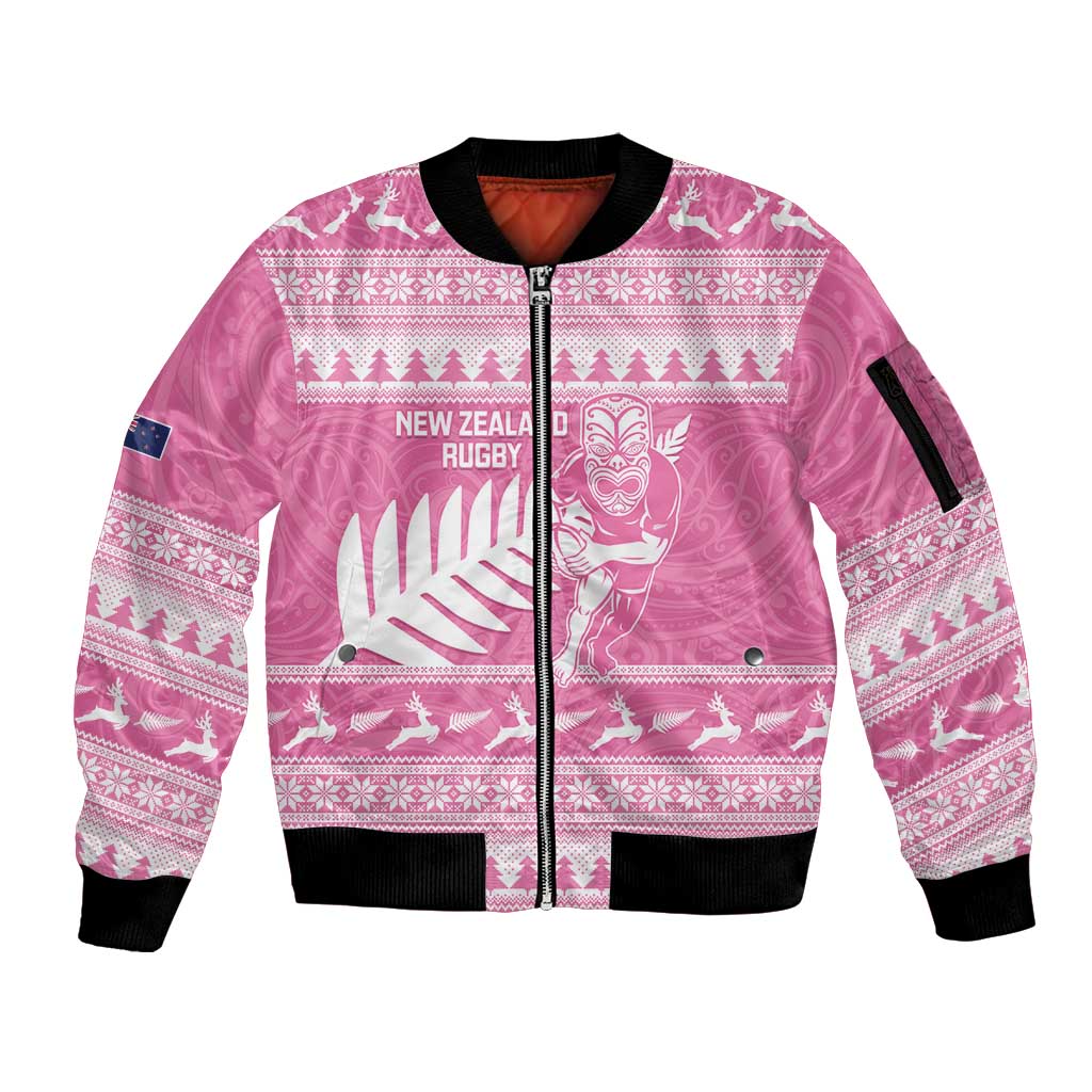 New Zealand Christmas Rugby Personalised Sleeve Zip Bomber Jacket Meri Kirihimete All Black Maori Pink Version - Polynesian Pride