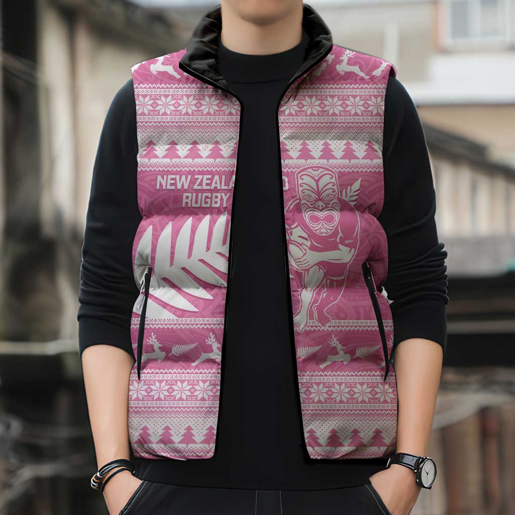New Zealand Christmas Rugby Personalised Sleeveless Puffer Jacket Meri Kirihimete All Black Maori Pink Version - Polynesian Pride