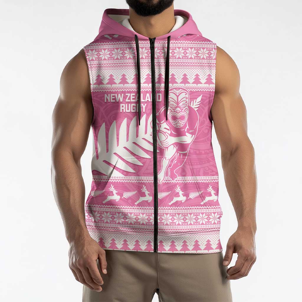 New Zealand Christmas Rugby Personalised Sleeveless Zip Hoodie Meri Kirihimete All Black Maori Pink Version LT14 - Polynesian Pride
