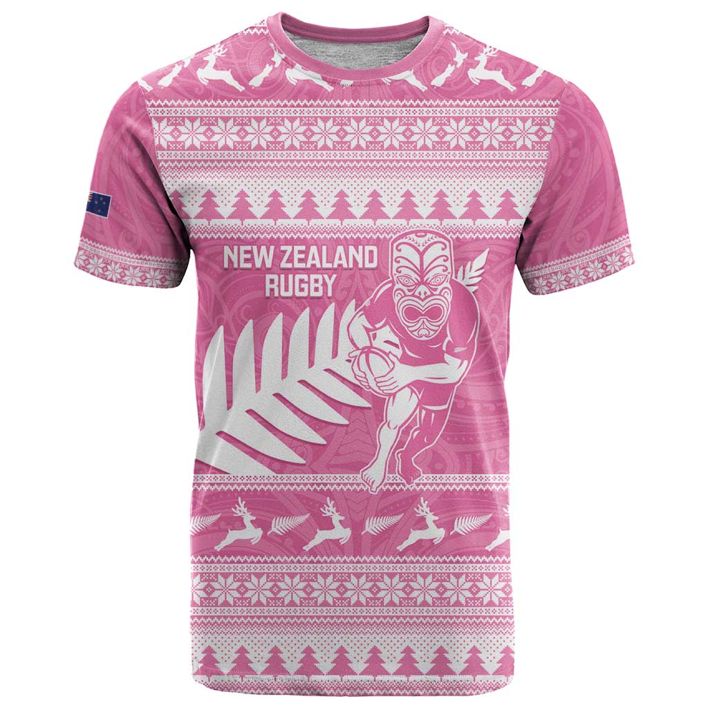 New Zealand Christmas Rugby Personalised T Shirt Meri Kirihimete All Black Maori Pink Version - Polynesian Pride
