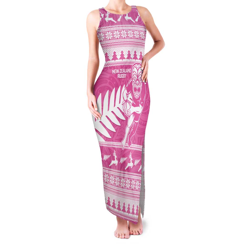 New Zealand Christmas Rugby Personalised Tank Maxi Dress Meri Kirihimete All Black Maori Pink Version LT14 Women Pink - Polynesian Pride