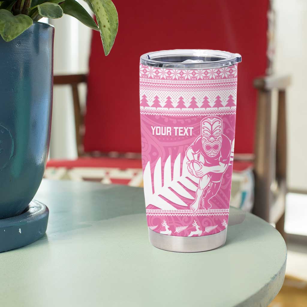 New Zealand Christmas Rugby Personalised Tumbler Cup Meri Kirihimete All Black Maori Pink Version LT14 - Polynesian Pride