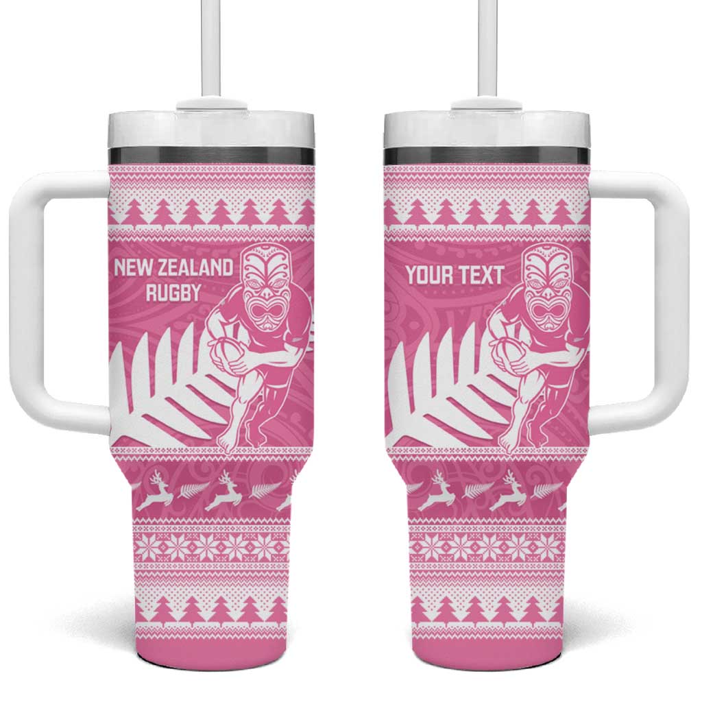 New Zealand Christmas Rugby Personalised Tumbler With Handle Meri Kirihimete All Black Maori Pink Version LT14 One Size: 40 oz Pink - Polynesian Pride