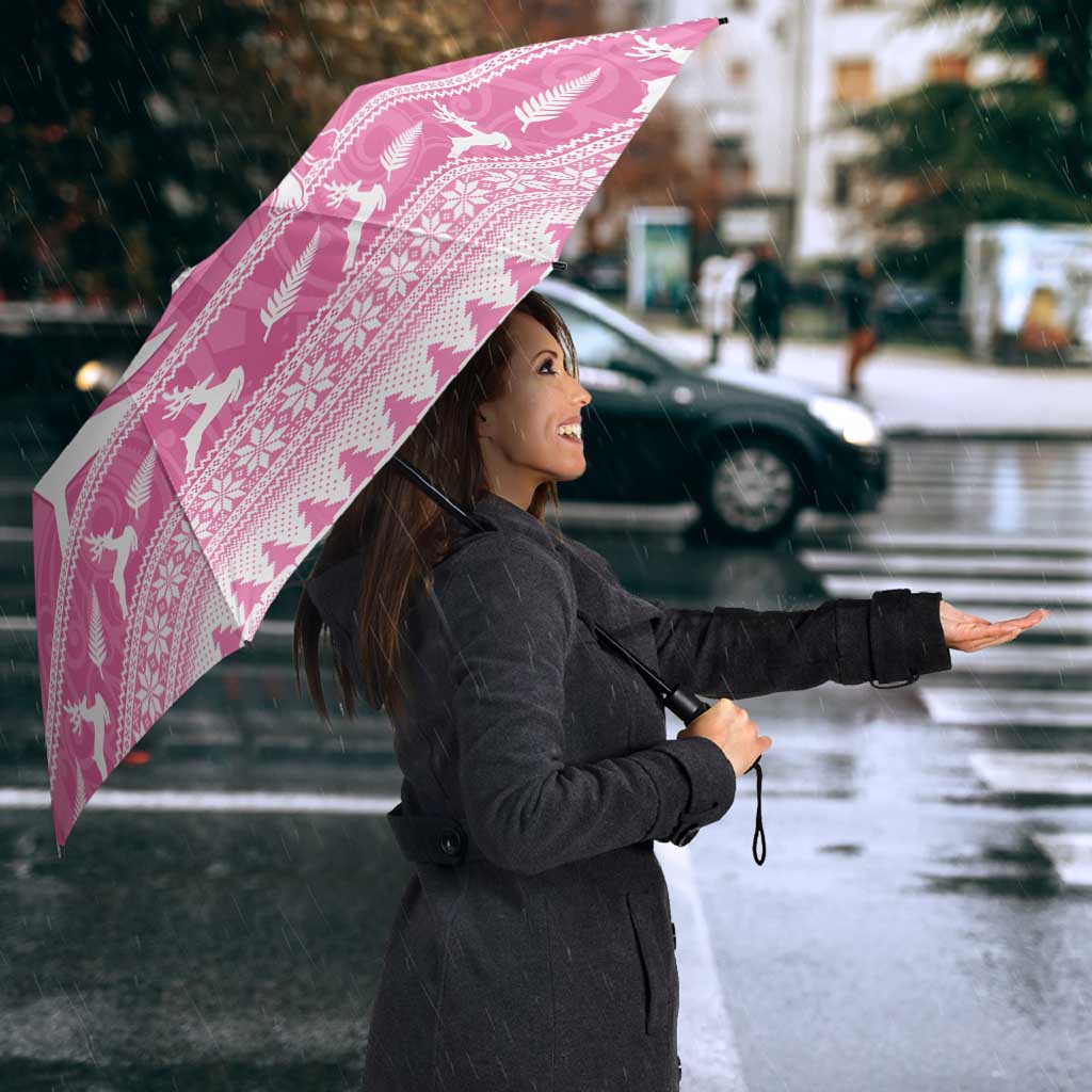 New Zealand Christmas Rugby Personalised Umbrella Meri Kirihimete All Black Maori Pink Version - Polynesian Pride