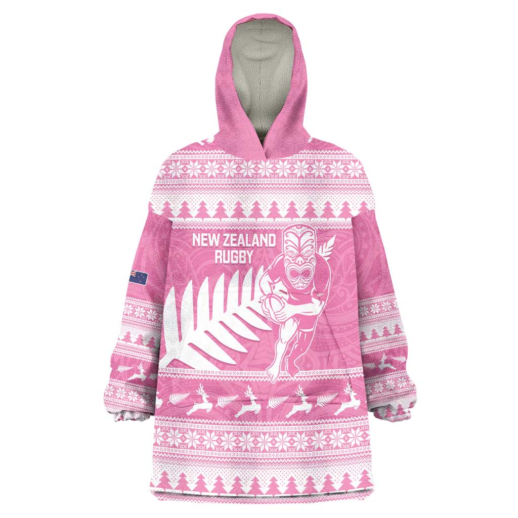 New Zealand Christmas Rugby Personalised Wearable Blanket Hoodie Meri Kirihimete All Black Maori Pink Version LT14 One Size Pink - Polynesian Pride