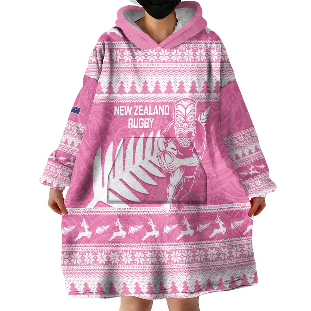 New Zealand Christmas Rugby Personalised Wearable Blanket Hoodie Meri Kirihimete All Black Maori Pink Version LT14 - Polynesian Pride