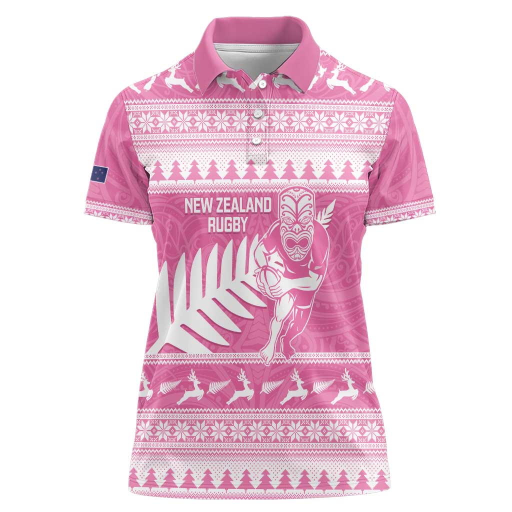 New Zealand Christmas Rugby Personalised Women Polo Shirt Meri Kirihimete All Black Maori Pink Version LT14 Female Pink - Polynesian Pride