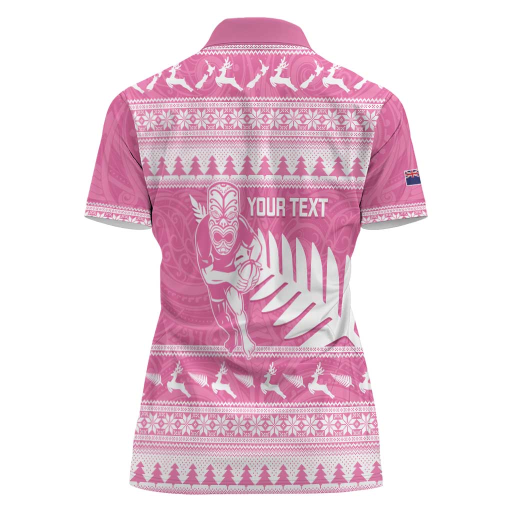 New Zealand Christmas Rugby Personalised Women Polo Shirt Meri Kirihimete All Black Maori Pink Version LT14 - Polynesian Pride