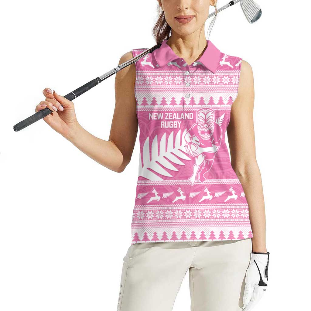New Zealand Christmas Rugby Personalised Women Sleeveless Polo Shirt Meri Kirihimete All Black Maori Pink Version LT14 - Polynesian Pride