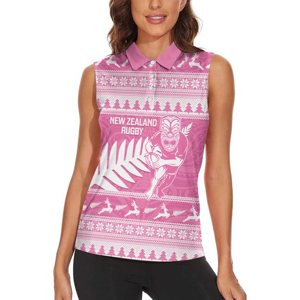 New Zealand Christmas Rugby Personalised Women Sleeveless Polo Shirt Meri Kirihimete All Black Maori Pink Version LT14 - Polynesian Pride