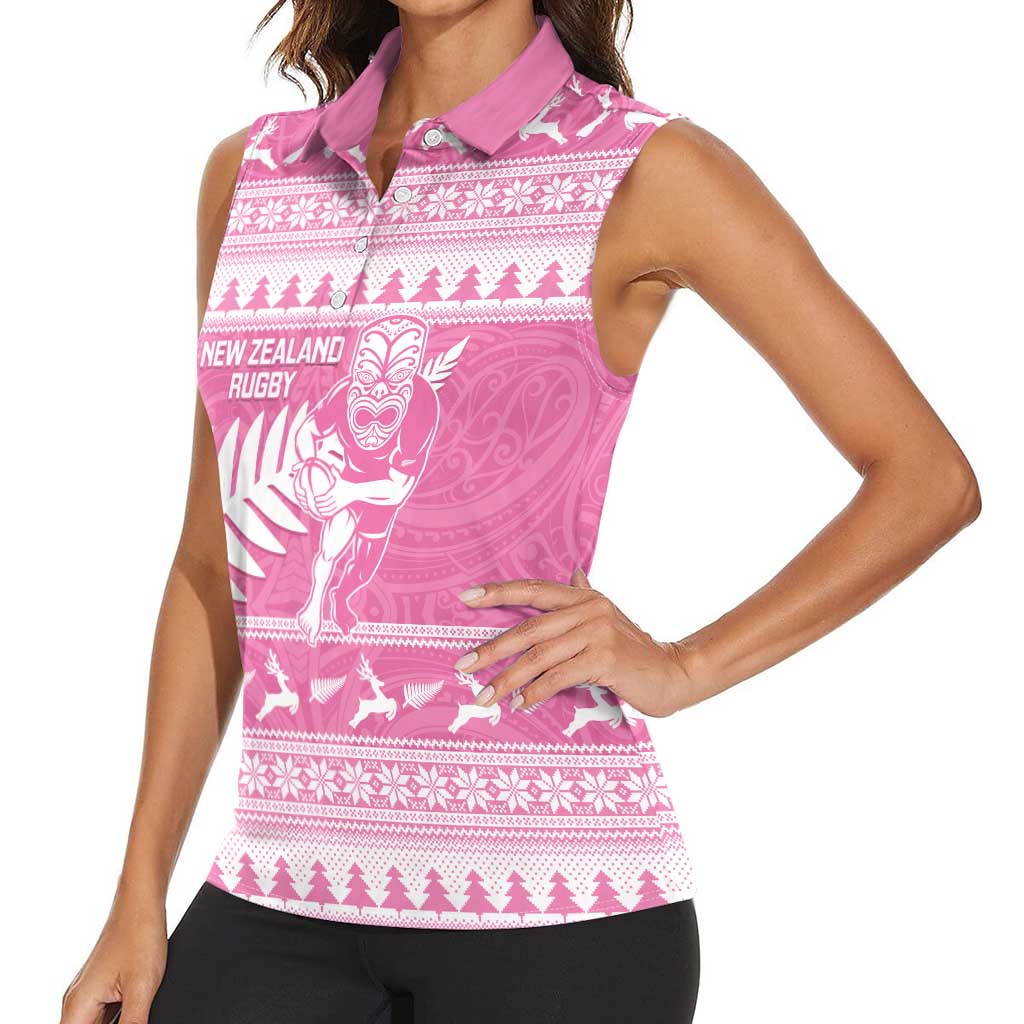 New Zealand Christmas Rugby Personalised Women Sleeveless Polo Shirt Meri Kirihimete All Black Maori Pink Version LT14 - Polynesian Pride